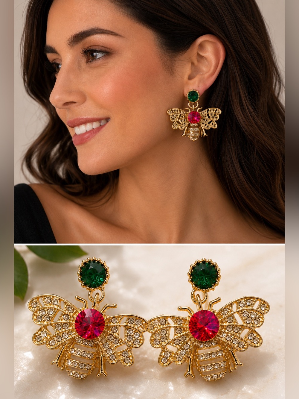 Boutique Gold Tone Crystal Bee Statement Earrings Red Fuchsia & Emerald Green